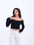 42241 TRİKO KAYIK YAKA CROP-SİYAH resmi
